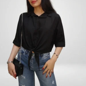شومیز زنانه جلوگره مدل نبات رنگ مشکی تنخور