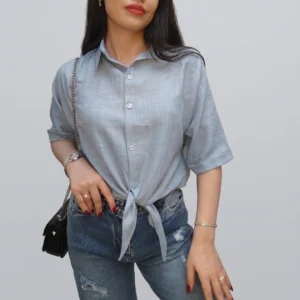 شومیز زنانه جلوگره مدل نبات رنگ آبی تنخور